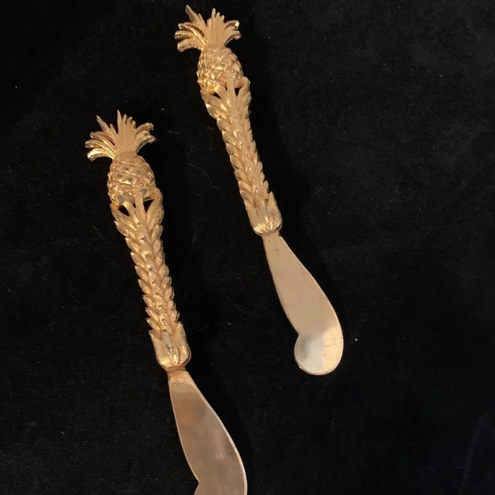 Two Vintage Gold Color Pineapple Butter Knives